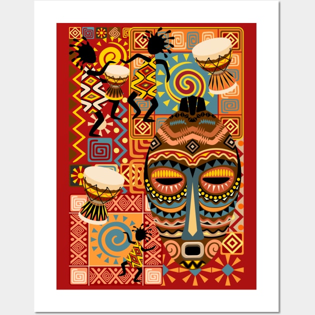 African Masks and Tribal Elements Decorative Pattern Wall Art by BluedarkArt